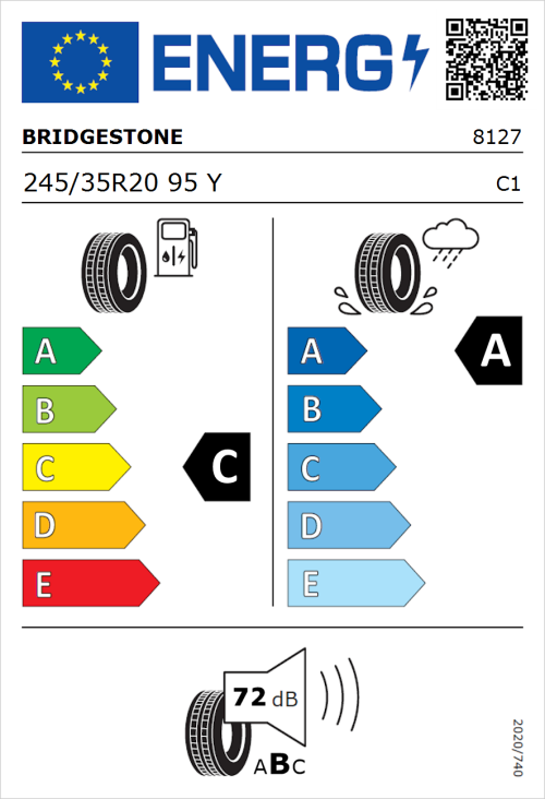 Tyre Label for Bridgestone Potenza S007 245/35R20 95Y
