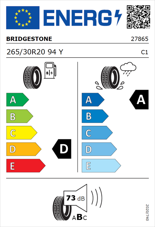Tyre Label for Bridgestone Potenza Sport 265/30R20 94Y