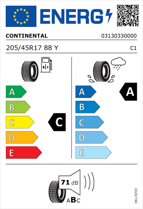 Tyre Label for Continental Premium Contact 7 205/45R17 88Y