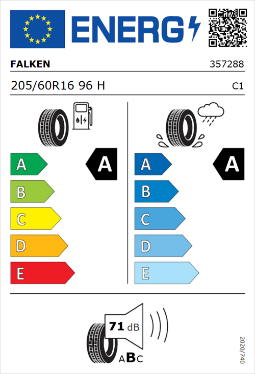 Tyre Label for Falken E.Ziex 205/60R16 96H