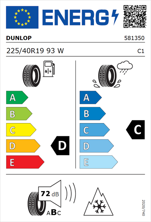 Tyre Label for Dunlop SP Winter Sport 5 225/40R19 93W