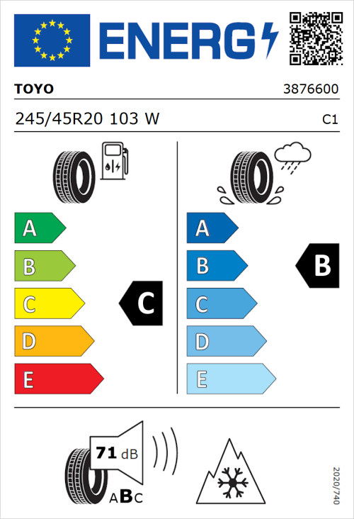 Tyre Label for Toyo Celcius AS2 245/45R20 103W
