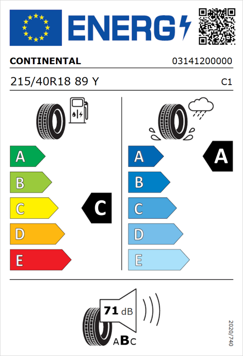 Tyre Label for Continental Premium Contact 7 215/40R18 89Y